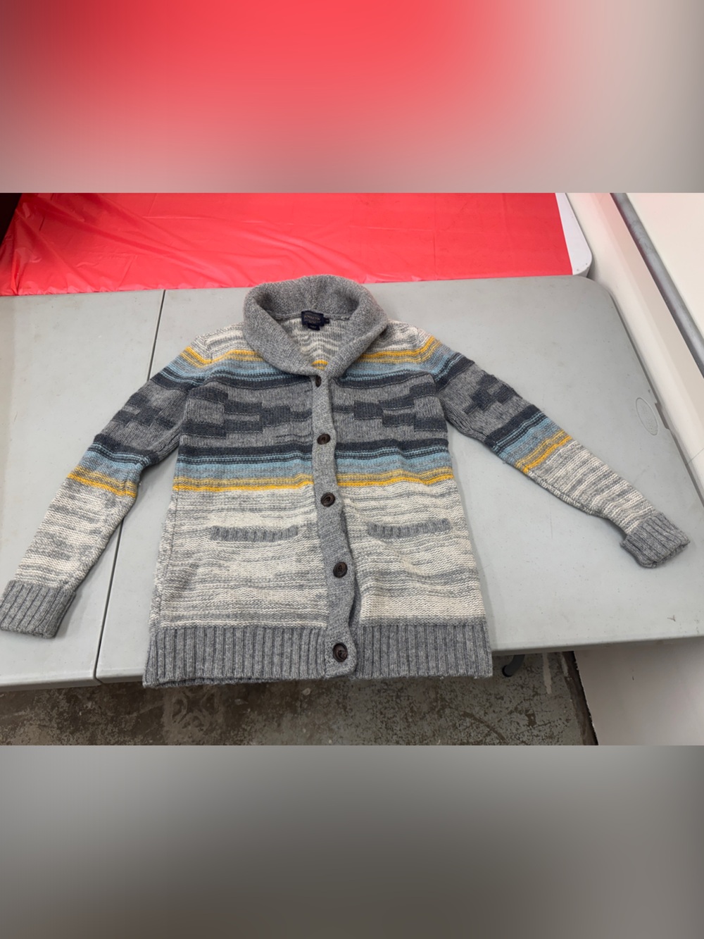 Pendleton Gray Striped Shawl Collar Button Sweater - Yellow & Blue Accent